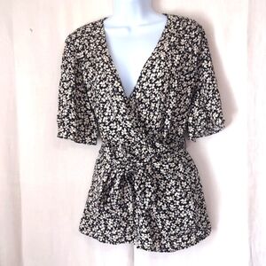 Downeast Black Microfloral Wrap Style Blouse Size Small